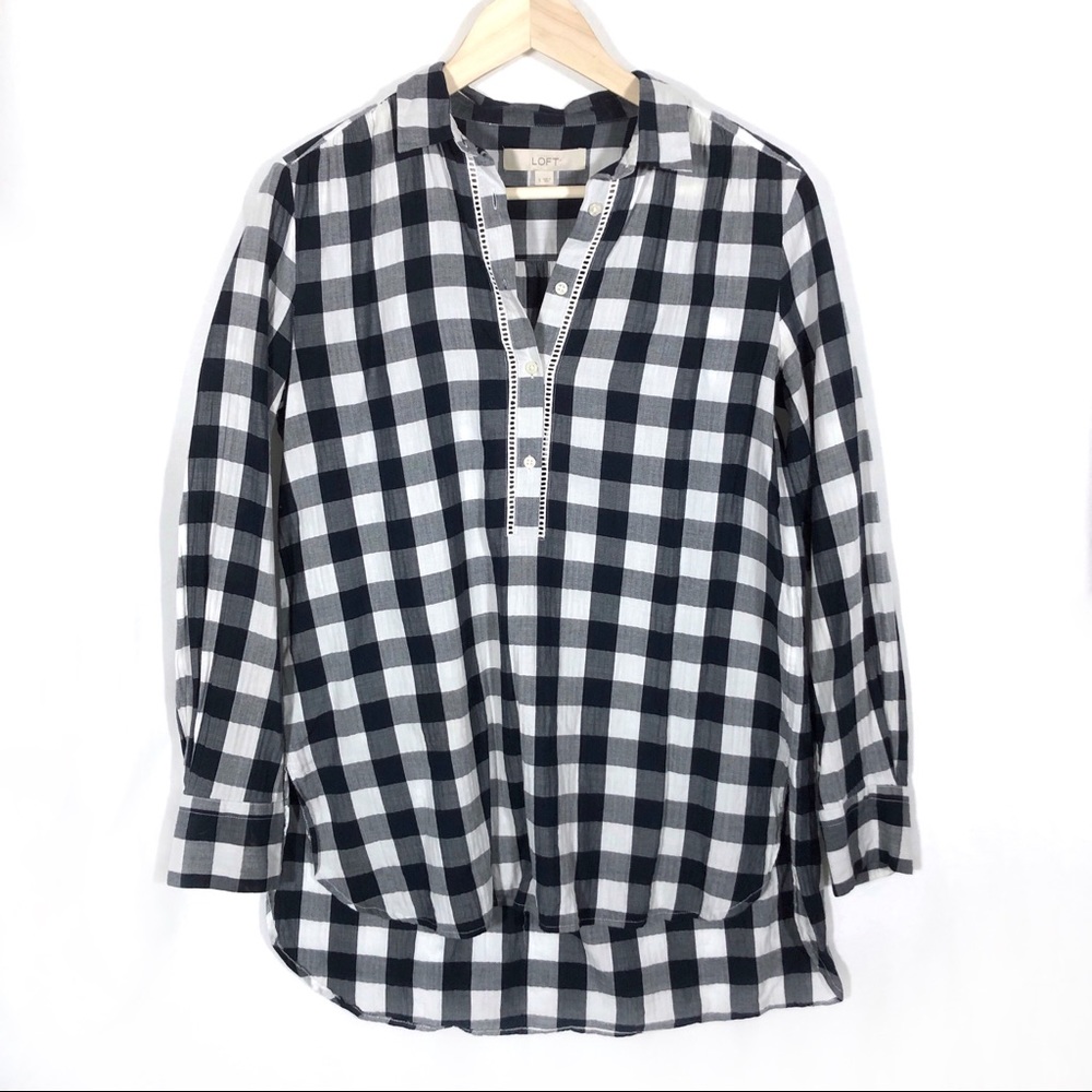 Small Loft Navy Blue and White Gingham Tunic Top
